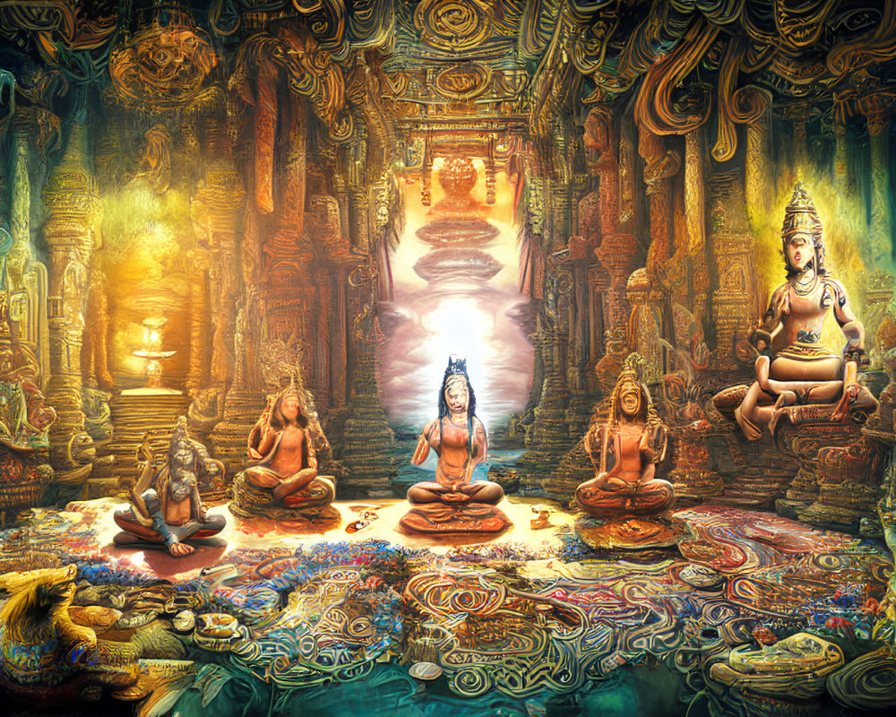 Colorful artwork of serene temple with meditating figures, lion, and glowing light