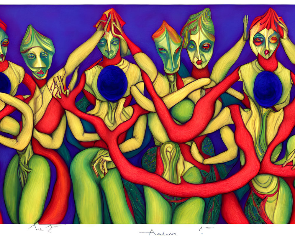 Colorful surreal painting of intertwined human-like figures in red, green, blue, and yellow