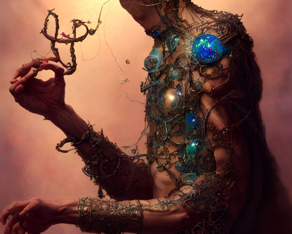 Surreal portrait of person with translucent mechanical body and glowing orbs