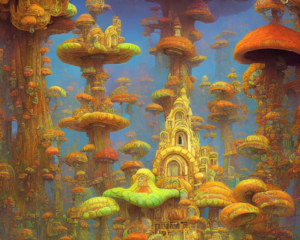 Fantasy landscape with mushroom-like structures and golden tower