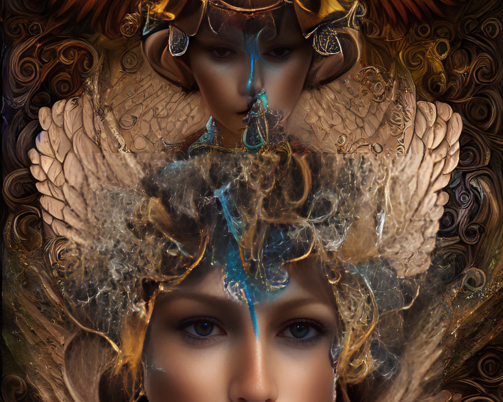 Intricate Fantasy Art: Woman with Feathered Headdress & Ornate Jewelry