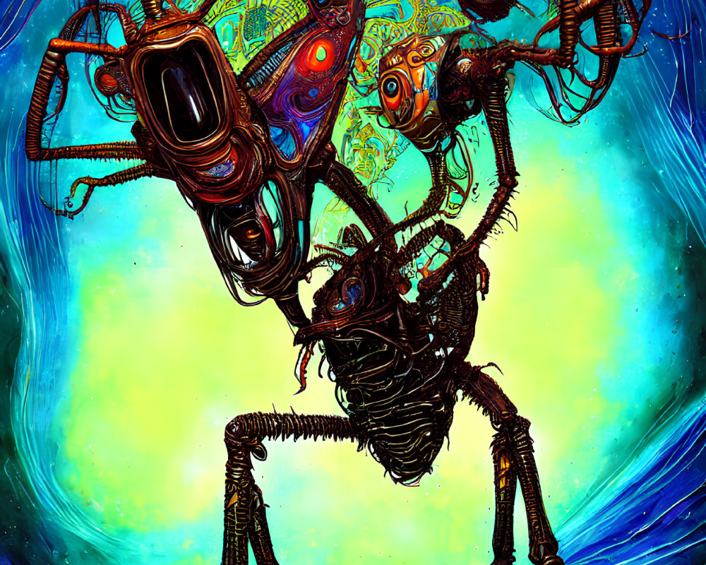 Colorful Mechanical Insect Artwork on Swirling Cosmic Background