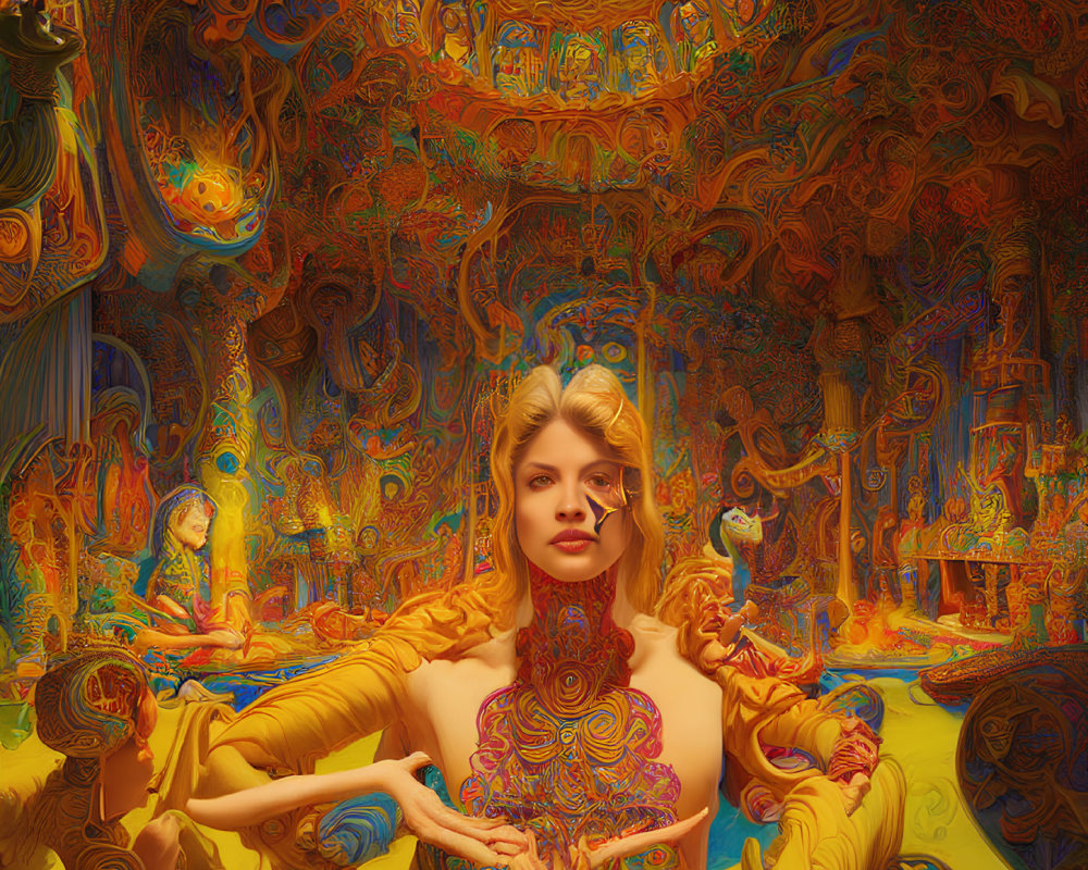 Woman with Parrot in Psychedelic Background and Multiple Iterations
