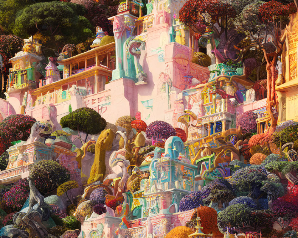 Colorful cityscape with intricate buildings and lush trees featuring a person surrounded by whimsical flora.