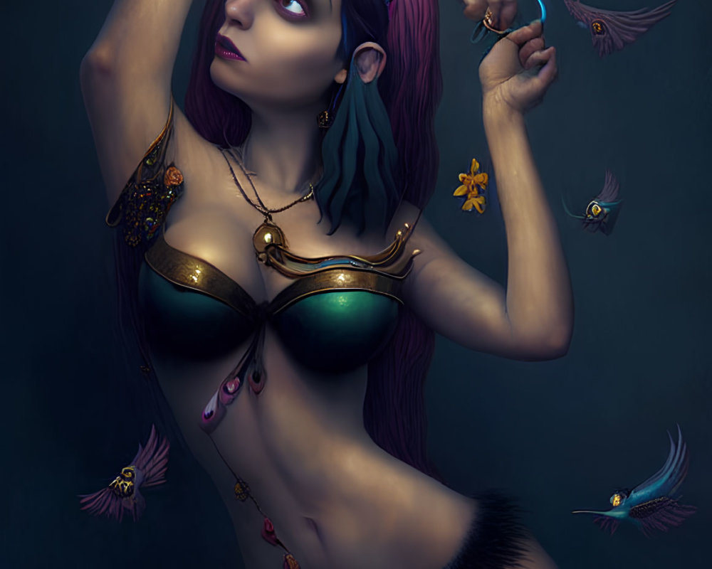 Mythical female with purple hair and golden headpiece, surrounded by colorful birds in brassiere and