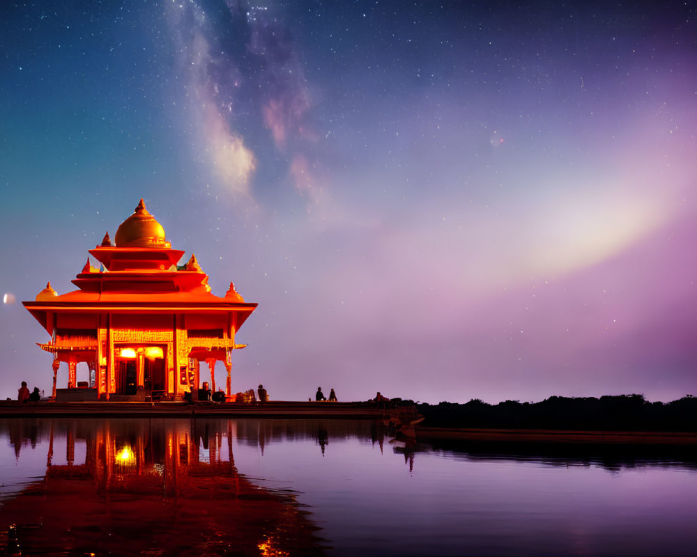 Traditional Temple Illuminated Against Milky Way Night Sky and Water Reflections