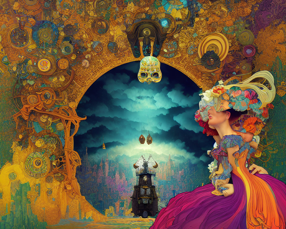 Colorful surreal artwork: Woman in gown with mechanical elements, skull, crystals, whimsical cityscape