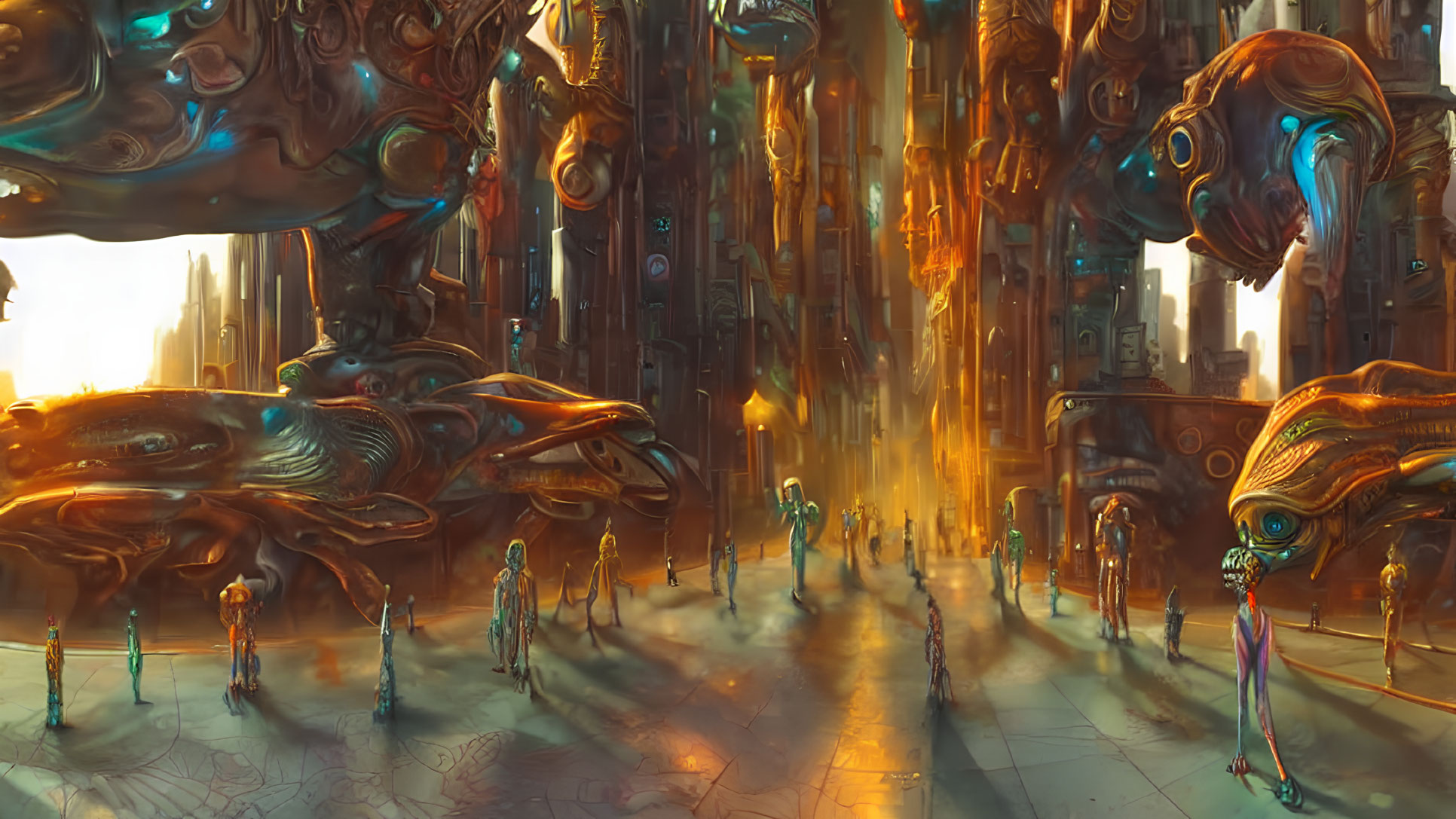 Vibrant futuristic cityscape with organic structures and humanoid figures