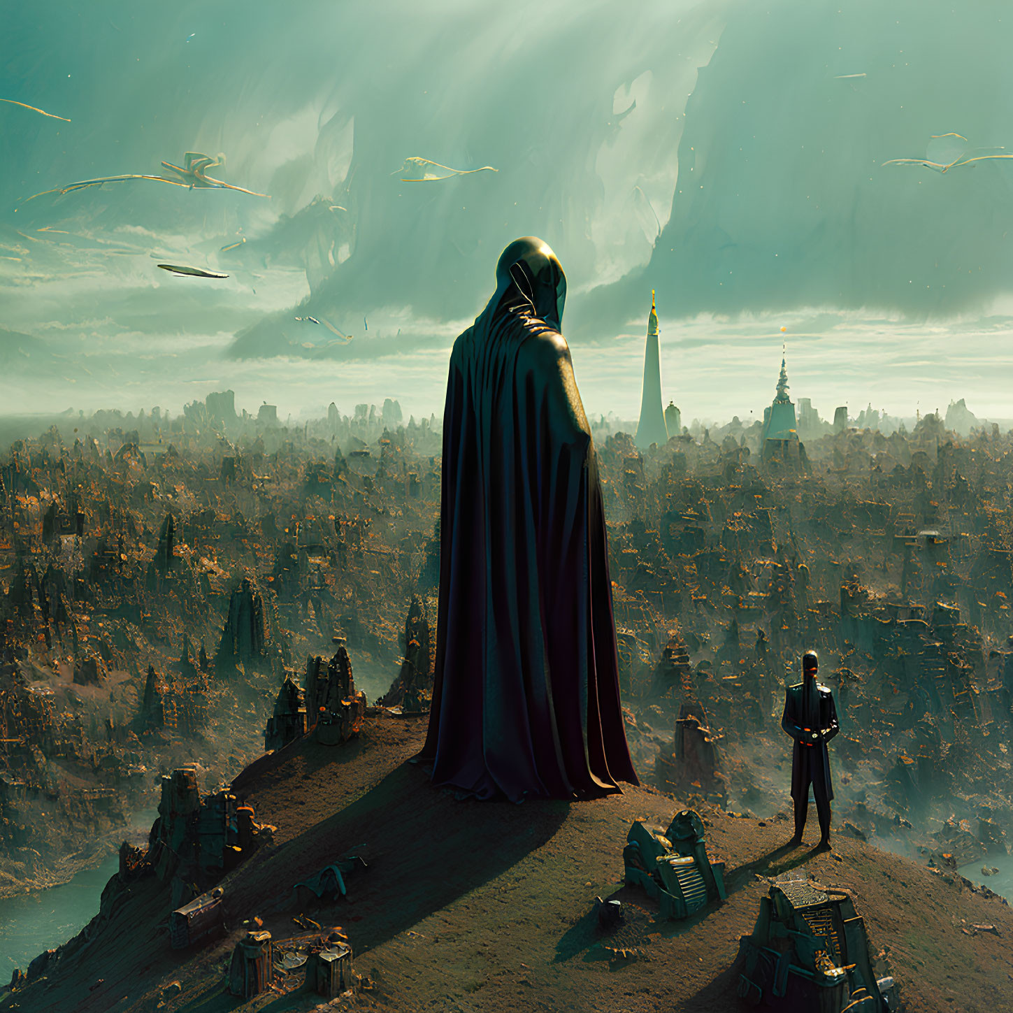 Cloaked figure on hill overlooking dystopian cityscape with flying creatures.