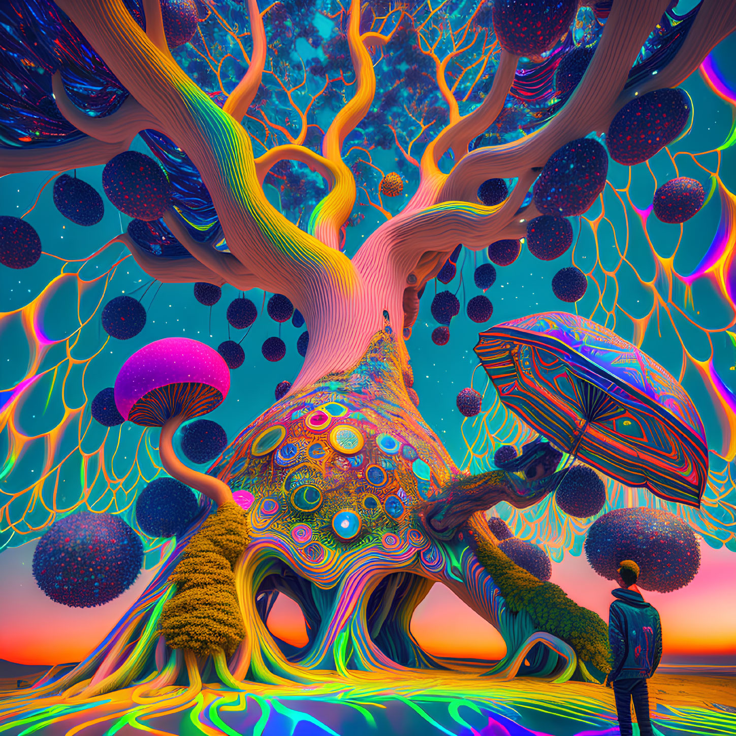 Colorful psychedelic landscape with giant tree, orbs, mushrooms, and starlit sky