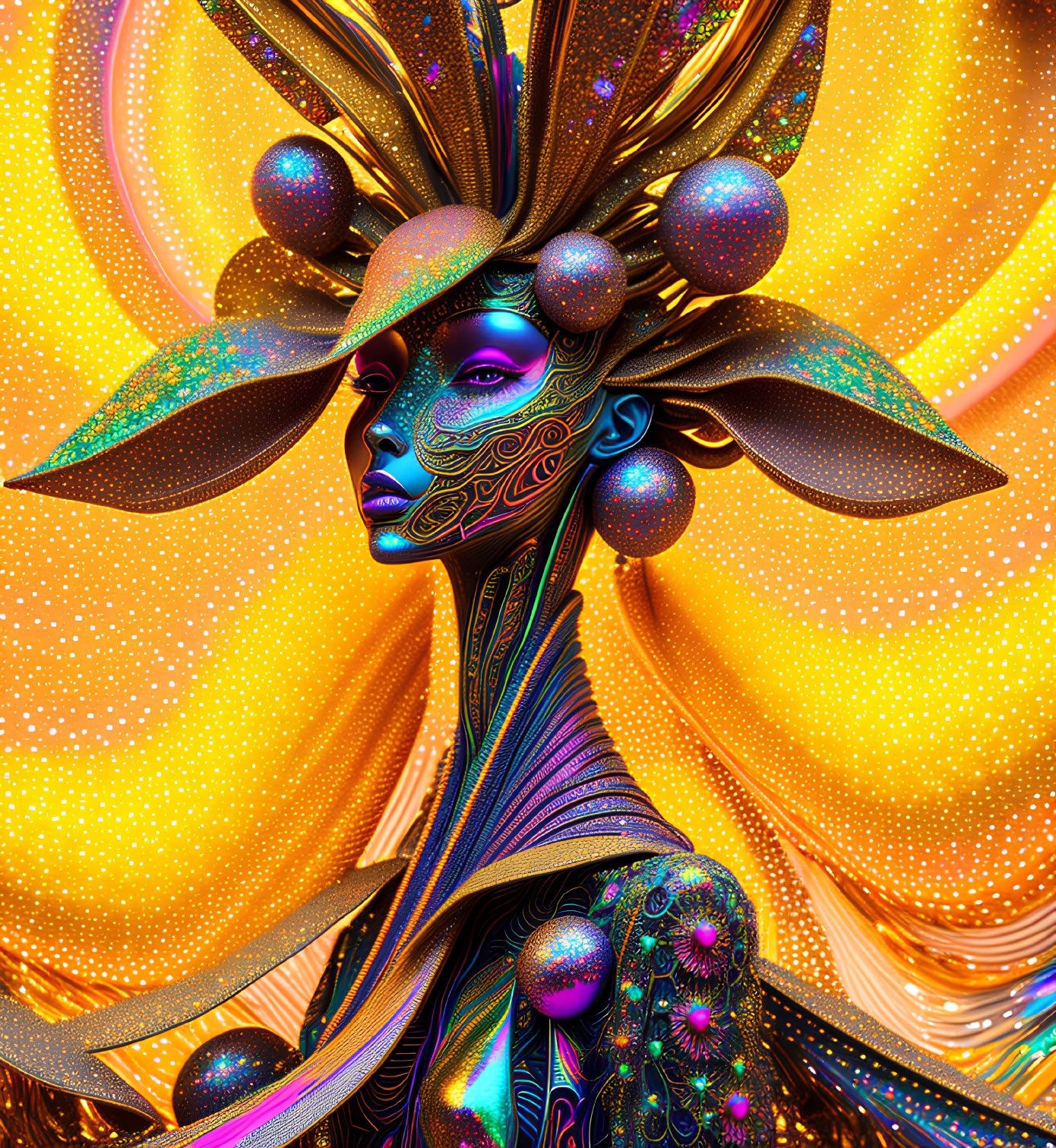 Colorful digital artwork: Female figure with cosmic and floral motifs in gold, blue, and orange.