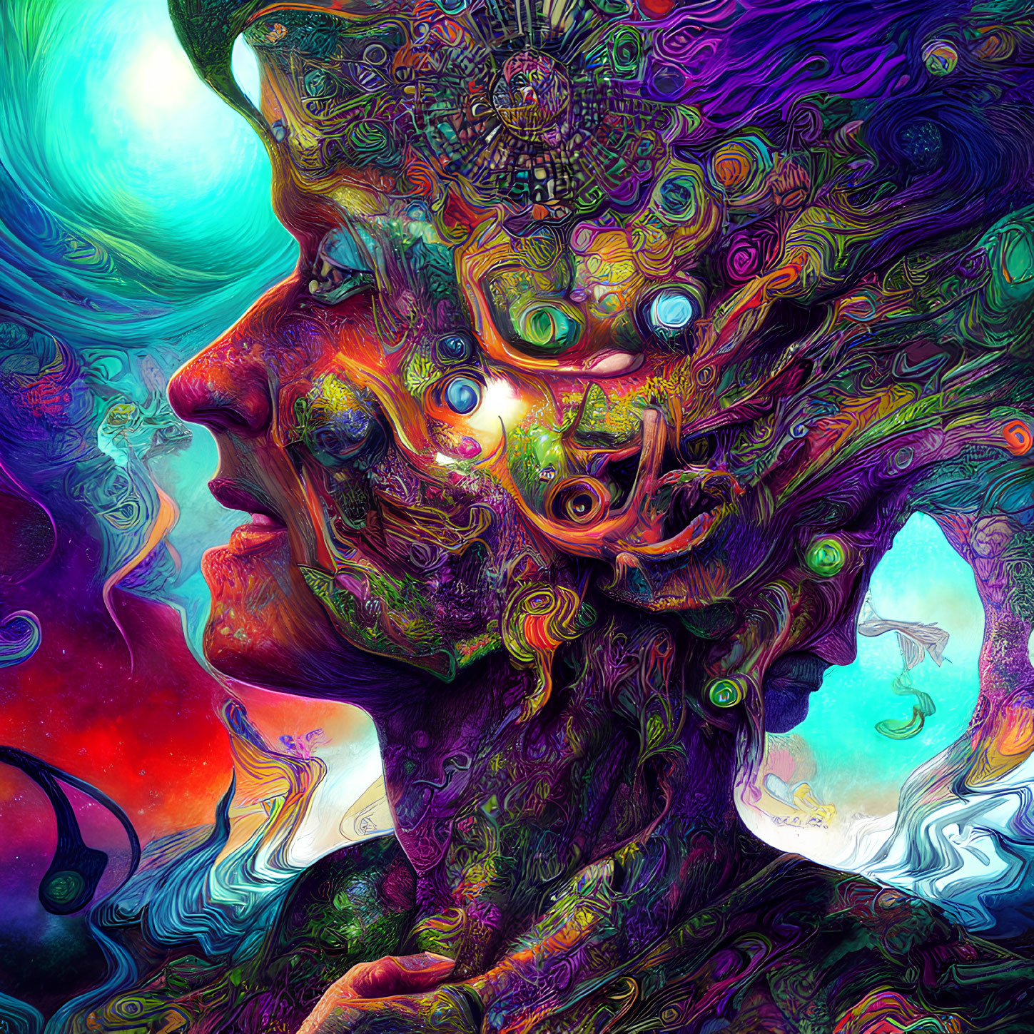 Colorful Psychedelic Artwork with Entwined Faces and Abstract Patterns