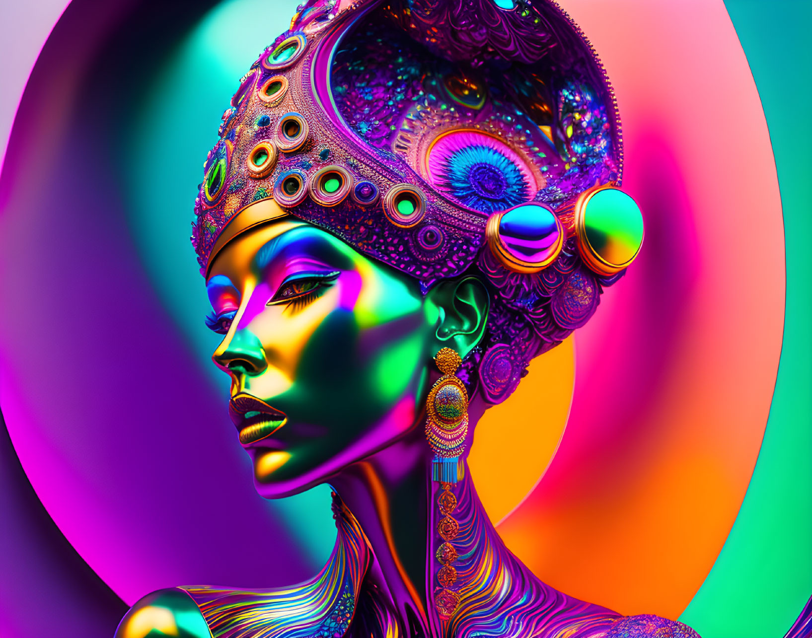 Colorful digital artwork of woman with intricate headgear and jewelry