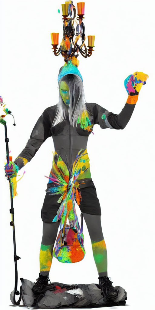 Colorful Body Painted Person in Black Outfit with Staff and Candelabra Headpiece