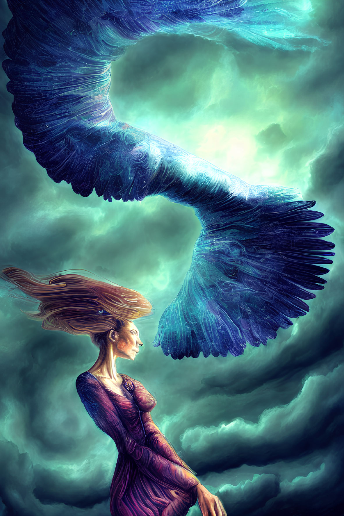 Woman with flowing hair and giant wings gazing at turbulent sky