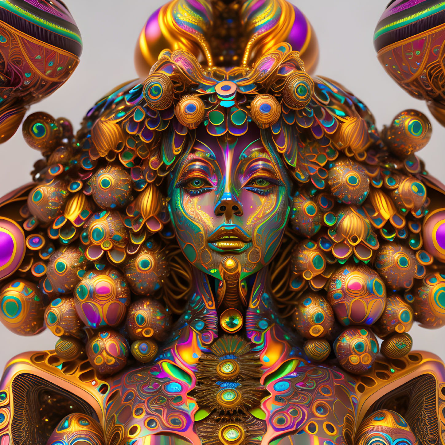 Colorful digital artwork of stylized female figure with intricate patterns and metallic textures