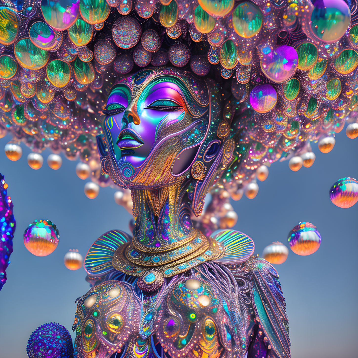 Stylized digital artwork of metallic female figure with orbs on sky-blue background