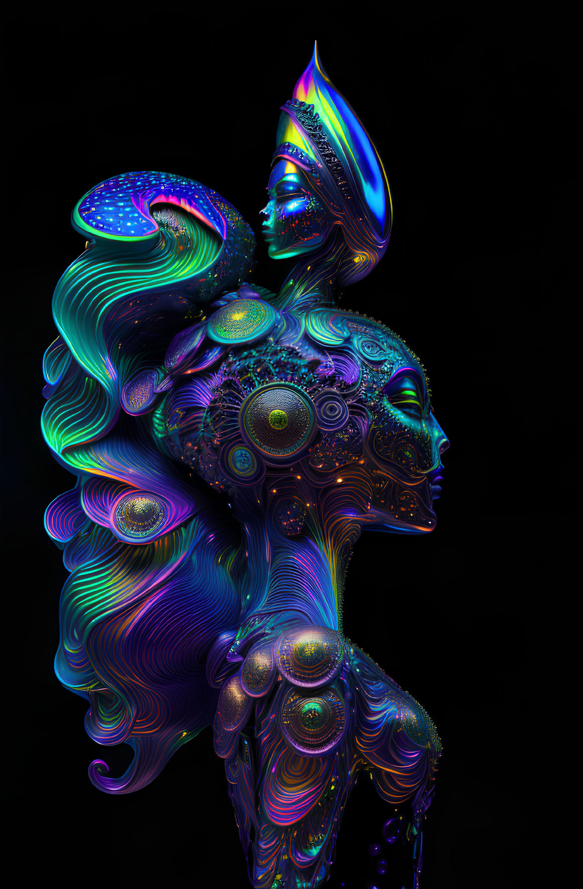 Vibrant digital art: surreal human face profile with psychedelic patterns on black.