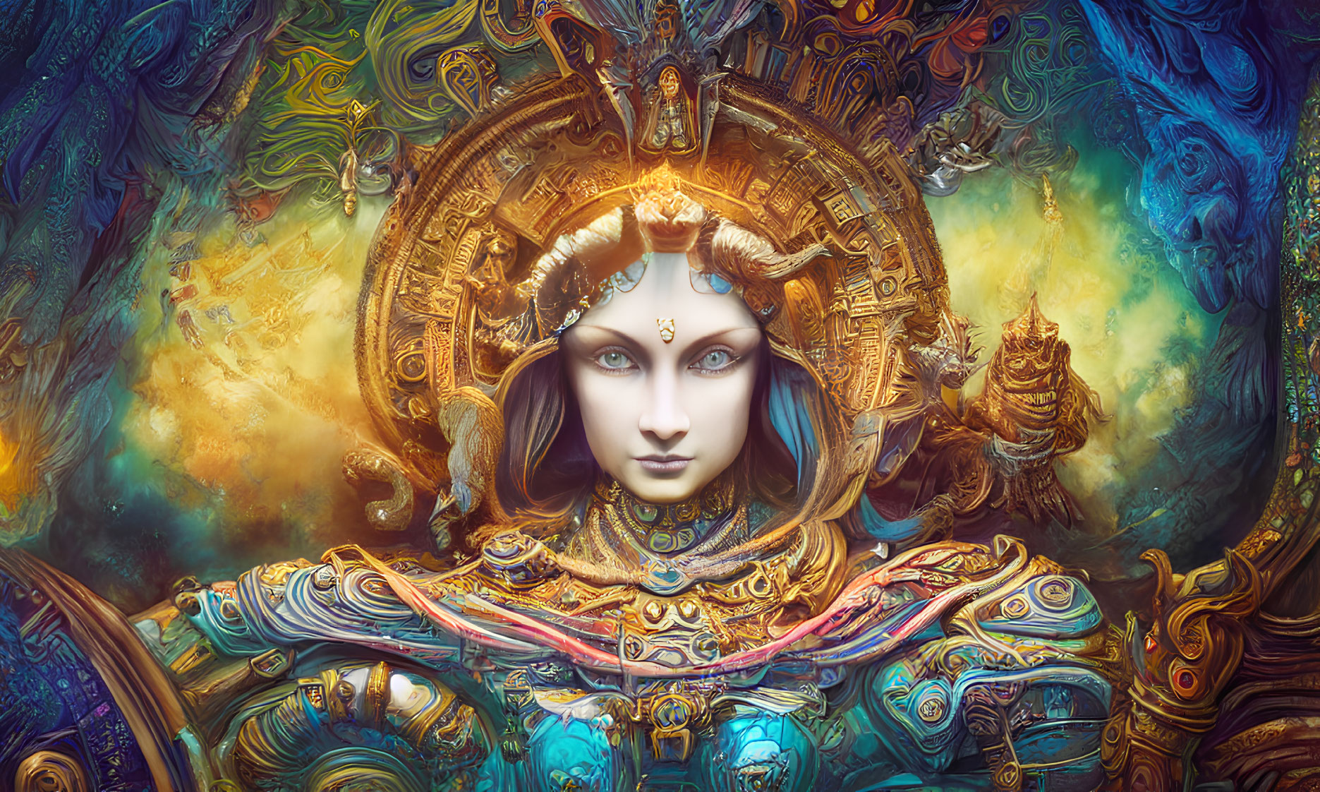 Colorful artwork of deity with multiple arms and halo in intricate design.