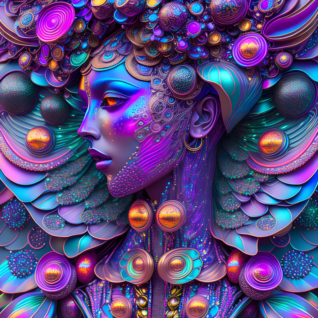 Colorful digital artwork: Female figure with blue skin, intricate textures.