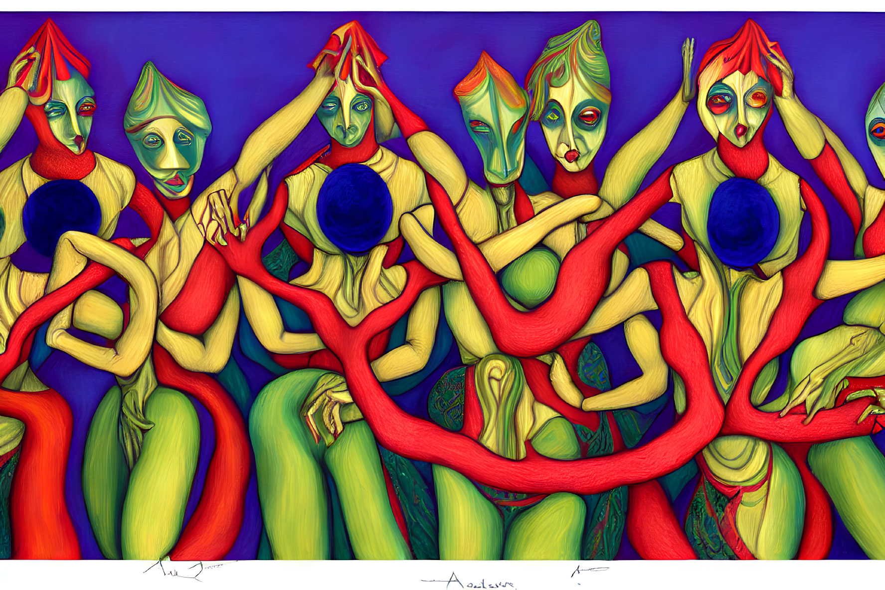 Colorful surreal painting of intertwined human-like figures in red, green, blue, and yellow