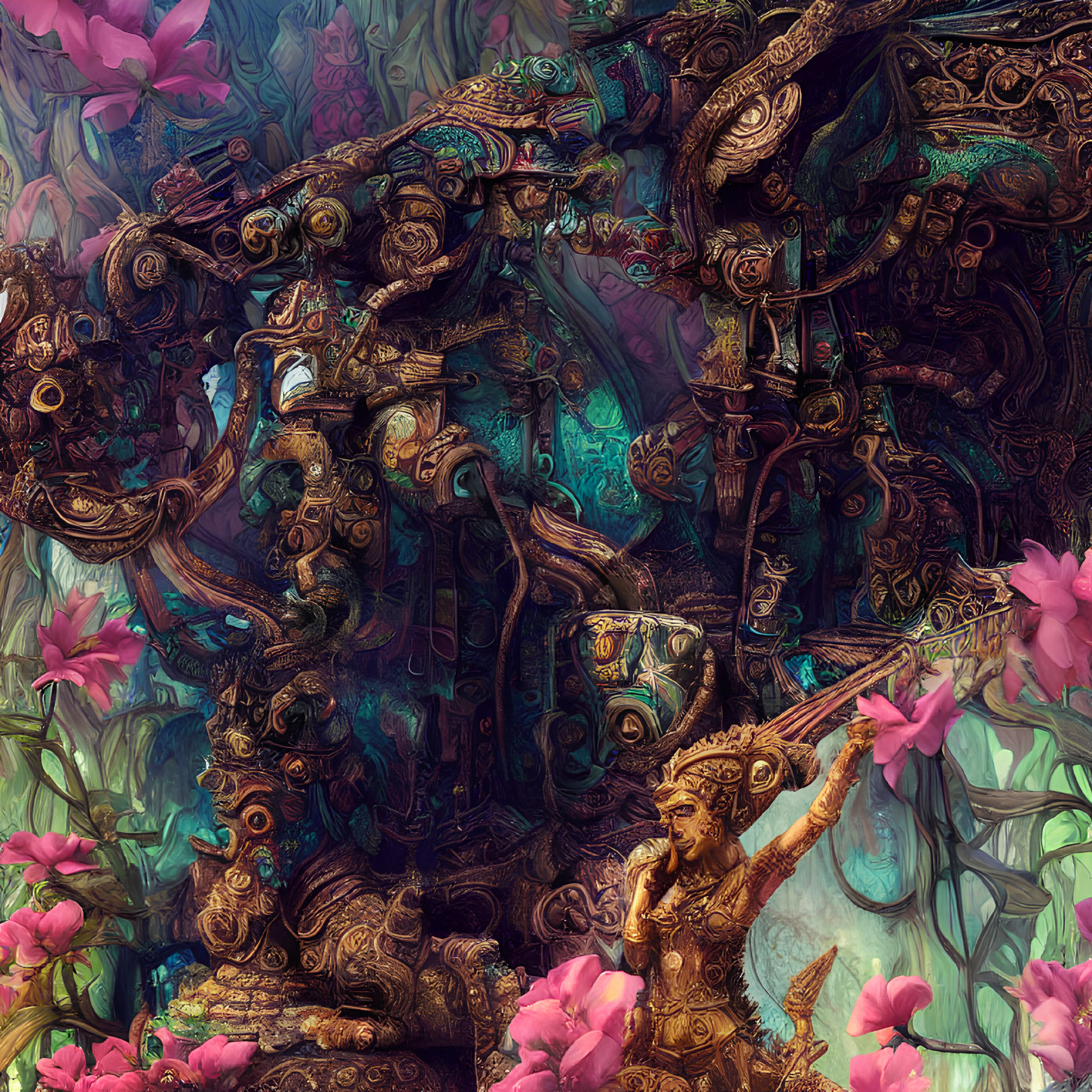 Detailed colorful artwork with ornate mechanical structures and pink florals surrounding a crowned humanoid figure