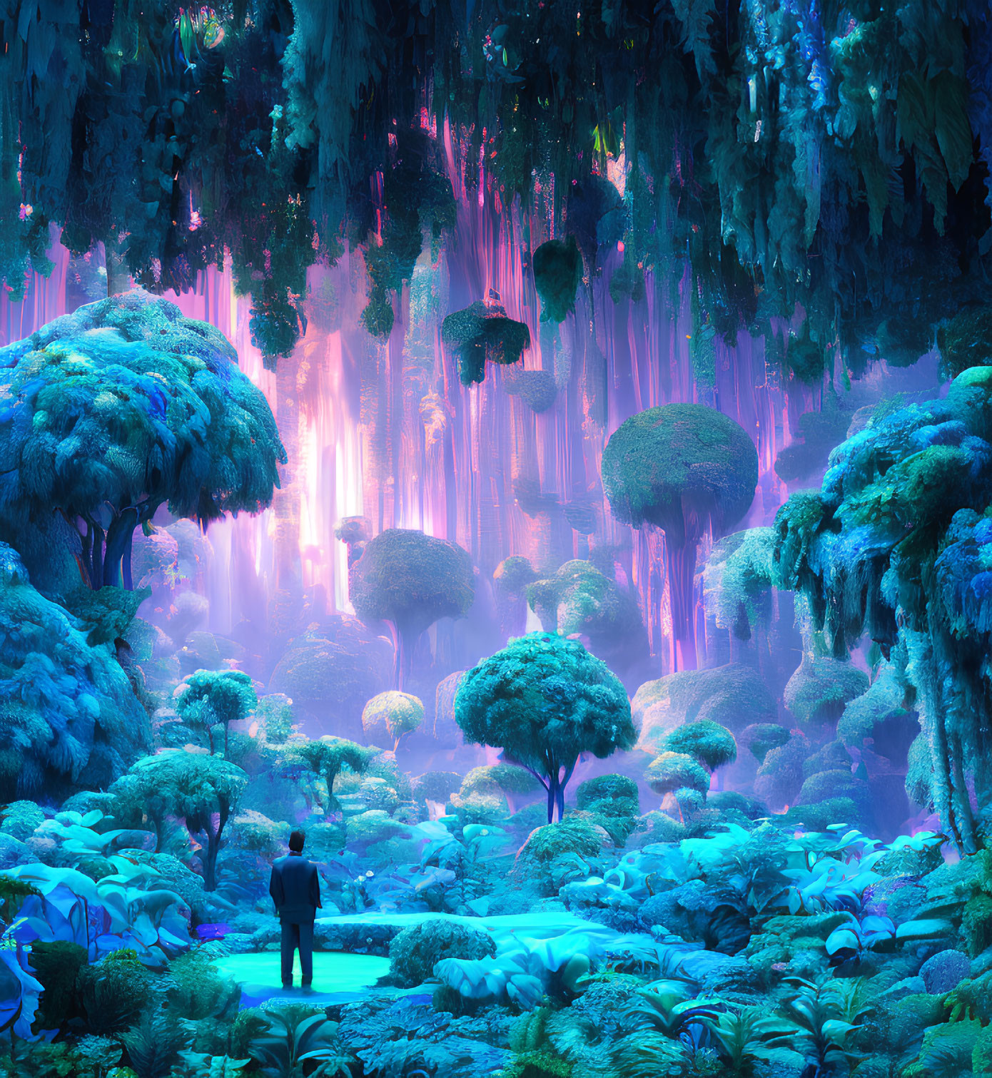 Mystical blue forest with lush trees and ethereal light shafts