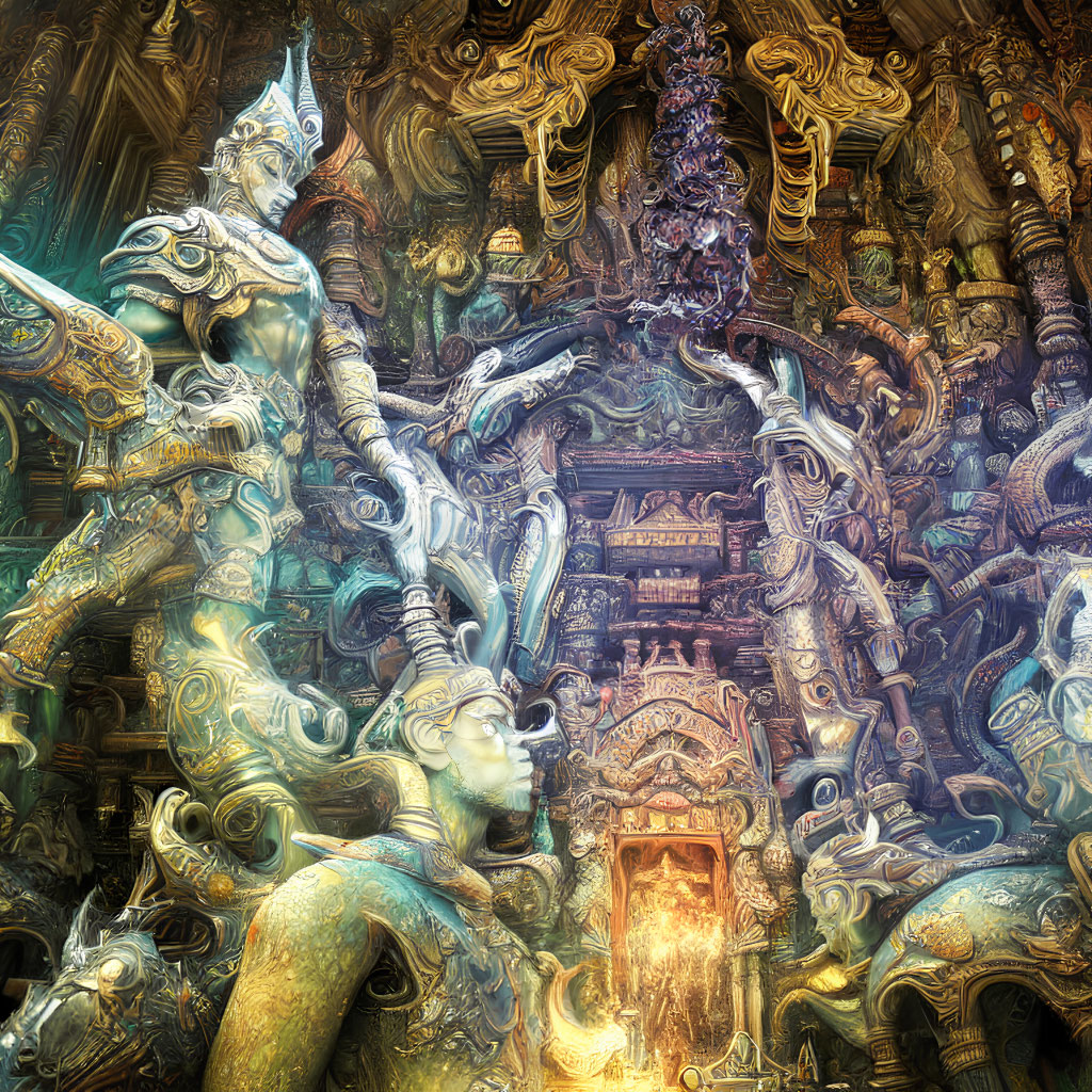 Fantastical Alien-Like Figures in Ornate Golden and Blue Architecture