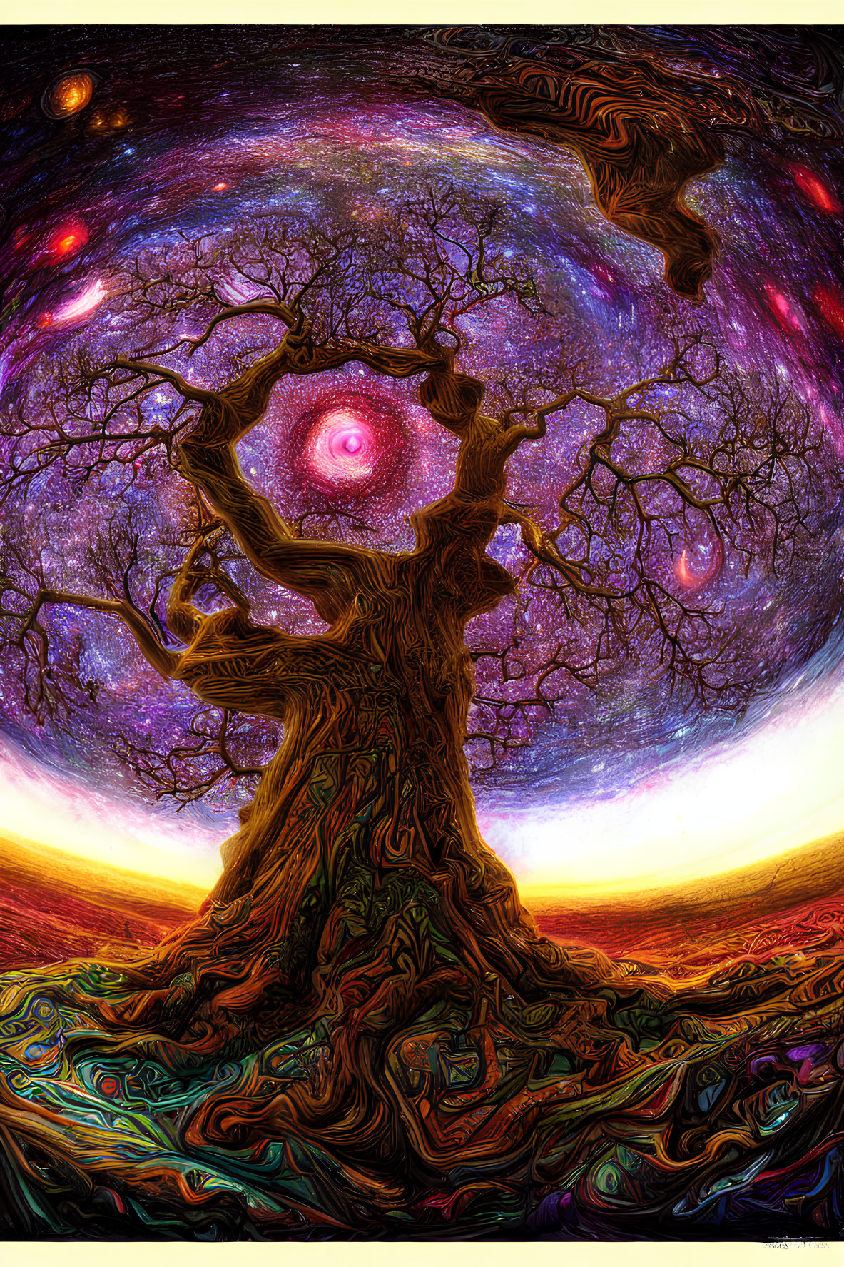 Colorful surreal cosmic tree under starry sky in vibrant artwork