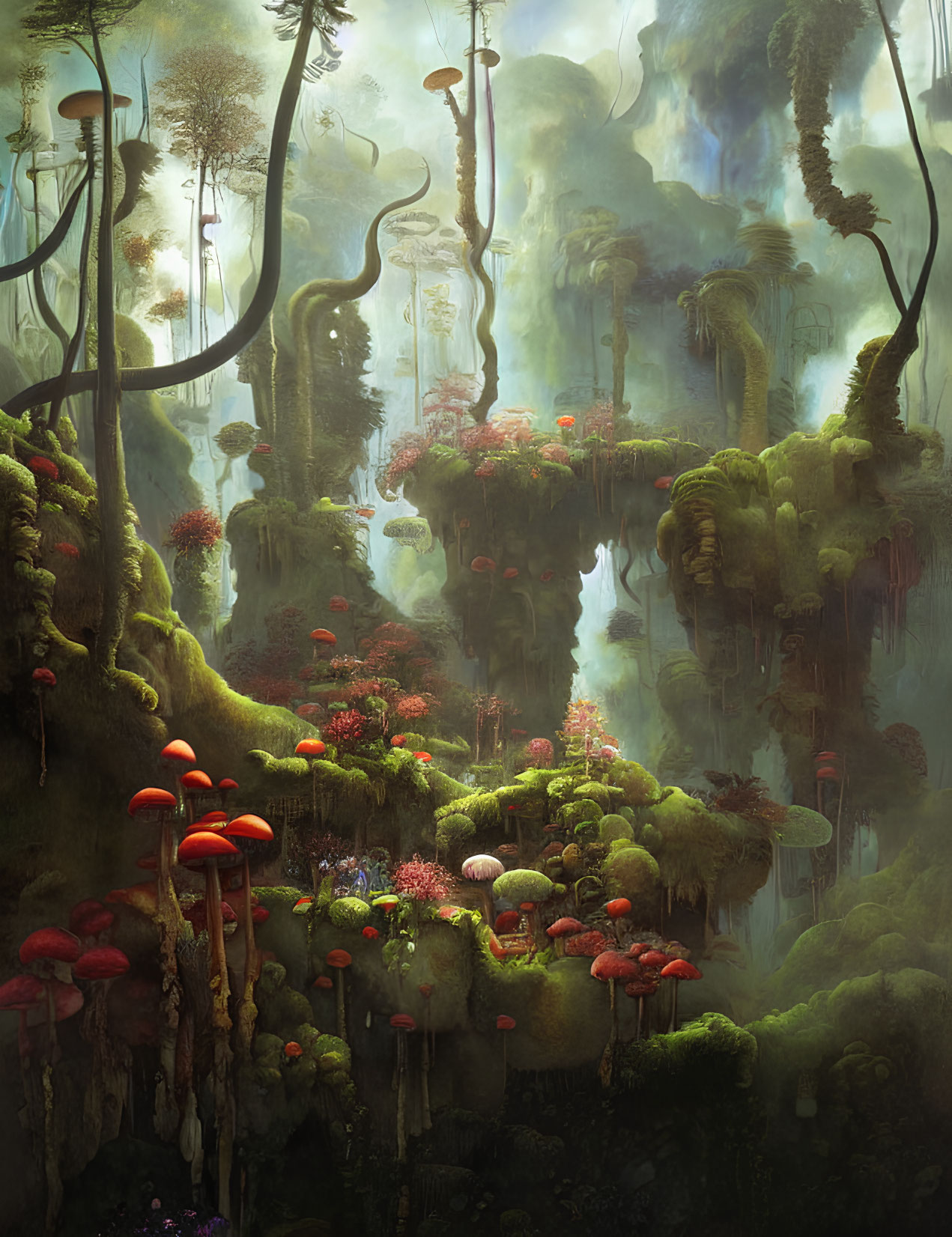 Enchanting forest scene with towering mushrooms and hanging vines