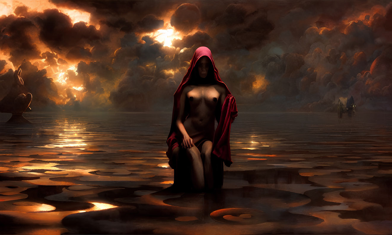 Figure in Red Cloak Sitting in Shallow Water at Sunset with Boat in Distance