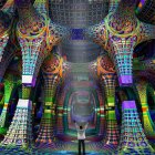 Man in Vibrant Futuristic Hall with Illuminated Pillars