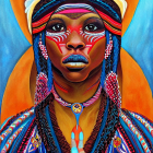 Colorful Turban Woman with Striking Face Paint on Orange and Blue Background