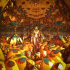 Colorful Psychedelic Room with Woman Looking in Mirror