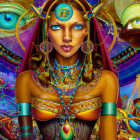 Digitally illustrated fantasy woman with Egyptian headdress and jewelry in mystical setting