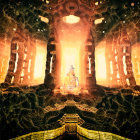 Colossal face in surreal temple under glowing amber sky