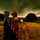 Traditional attire couple in wheat field with house and dramatic sky