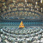 Person meditates in surreal landscape with robot turtles