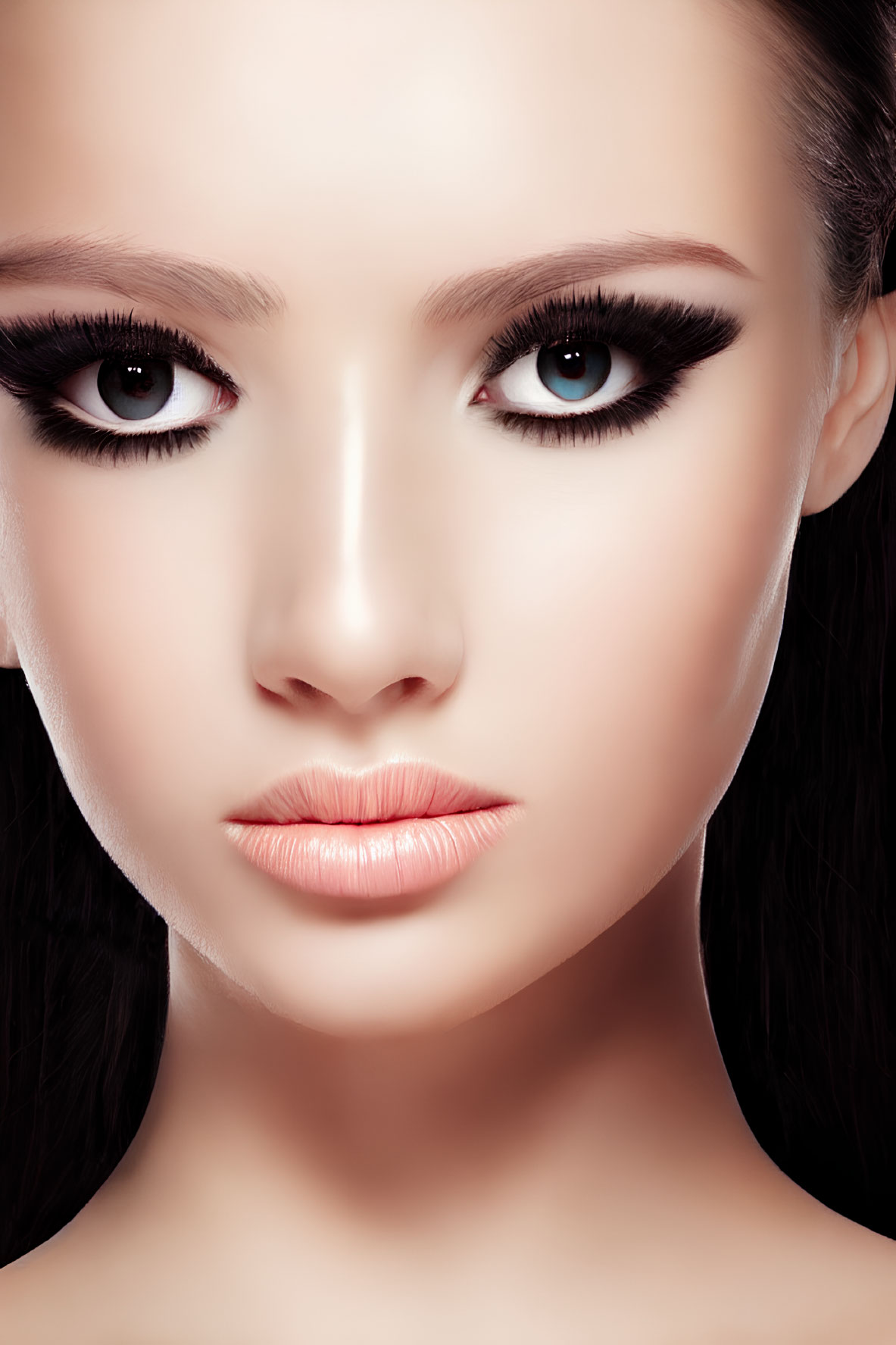 Detailed view of woman's dramatic eye makeup with thick eyeliner and long lashes, flawless skin, neutral