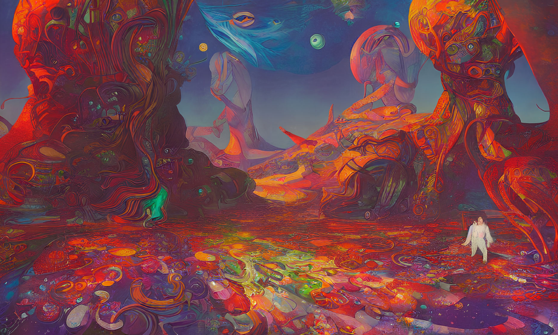 Surreal landscape with astronaut in psychedelic terrain