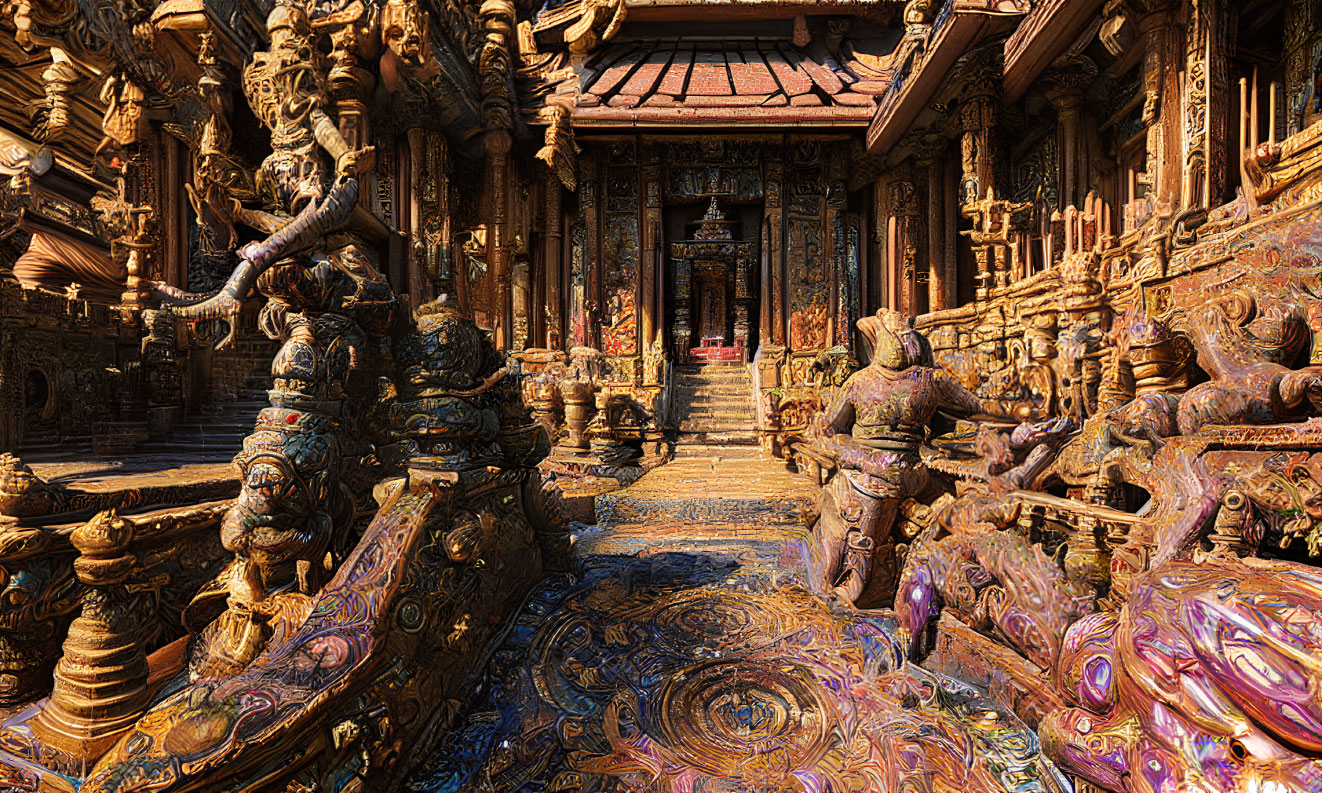 Elaborate Wooden Carvings and Vibrant Colors in Ornate Temple