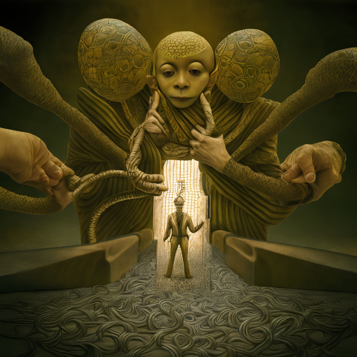 Surreal artwork featuring humanoid figure with multiple arms holding brains and hands pulling ropes.