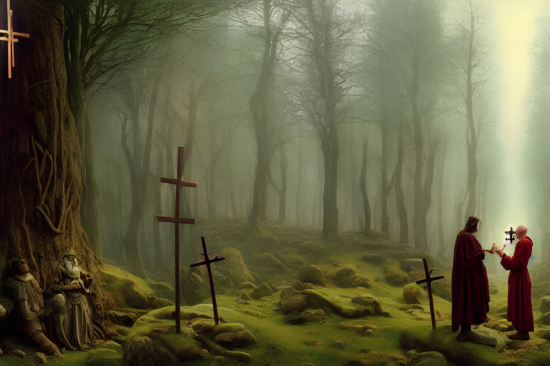 Ethereal misty forest scene with robed figures and crosses
