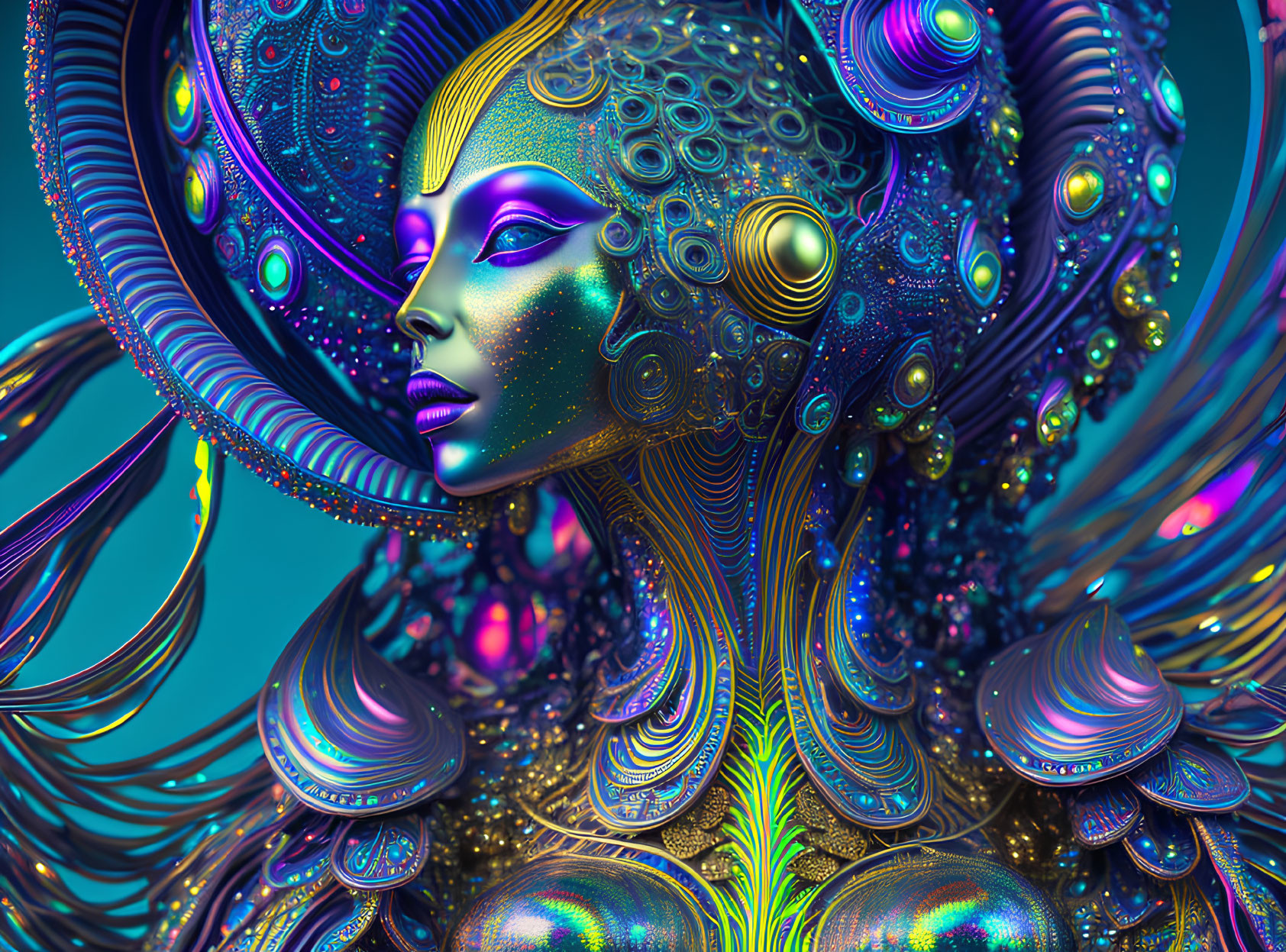 Colorful digital artwork of stylized woman with metallic adornments
