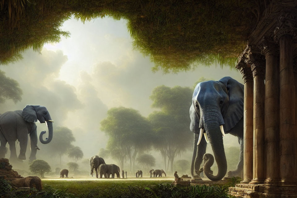 Elephants in misty forest clearing with stone arches and lush greenery