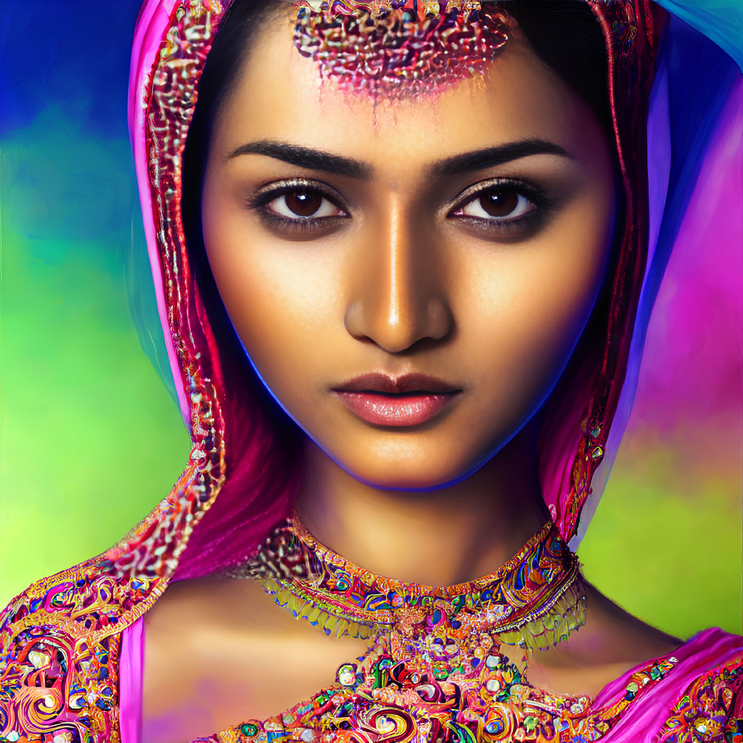 Traditional South Asian beauty with vibrant dupatta, henna, and ornate jewelry.
