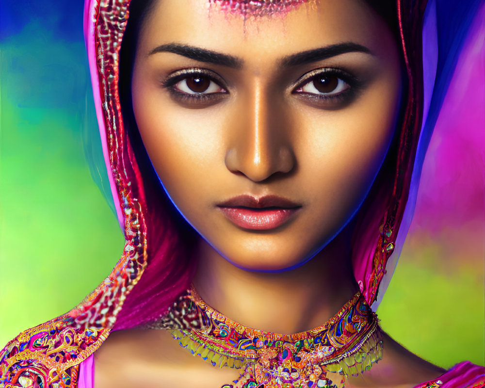 Traditional South Asian beauty with vibrant dupatta, henna, and ornate jewelry.
