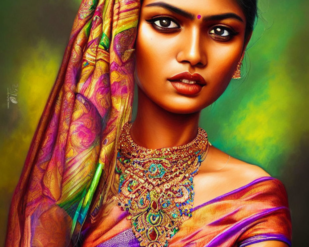 Traditional Indian Attire Woman with Colorful Saree and Jewelry