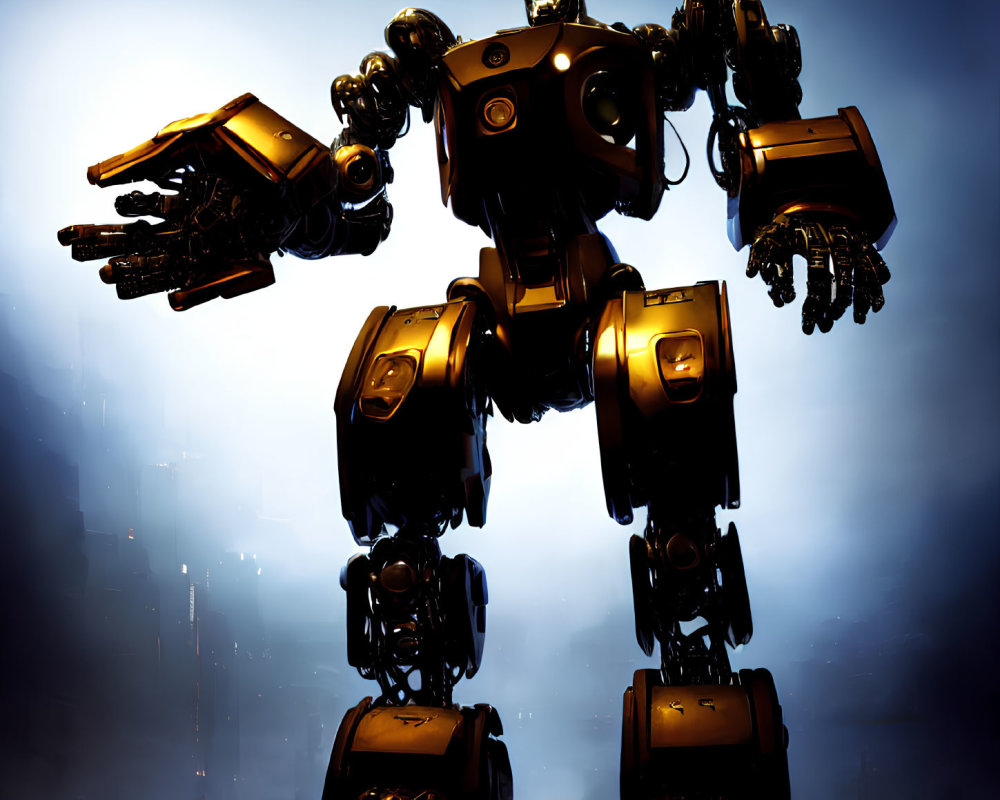 Golden and Black Humanoid Robot in Dramatic Pose with Blue Backlight
