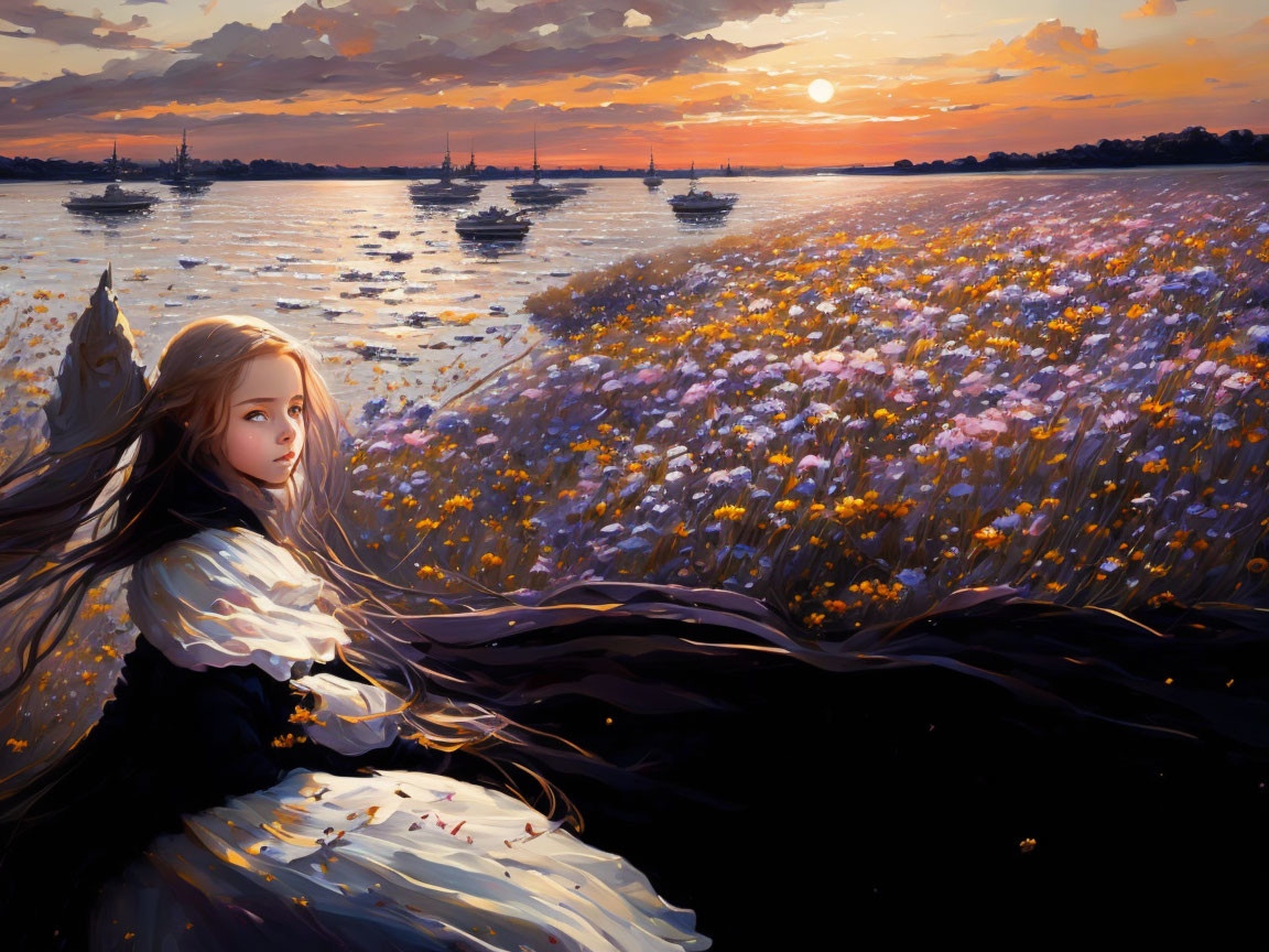 Child in a Field of Flowers by the Sea